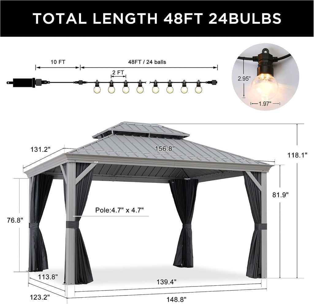 PURPLE LEAF 11' x 13' Hardtop Aluminum Gazebo with Double Metal Roof Heavy Duty All Weather Permanent Gazebo for Pool Patio Deck Lawn Garden All Weather Outdoor Pavilion Gazebos, Light Grey
