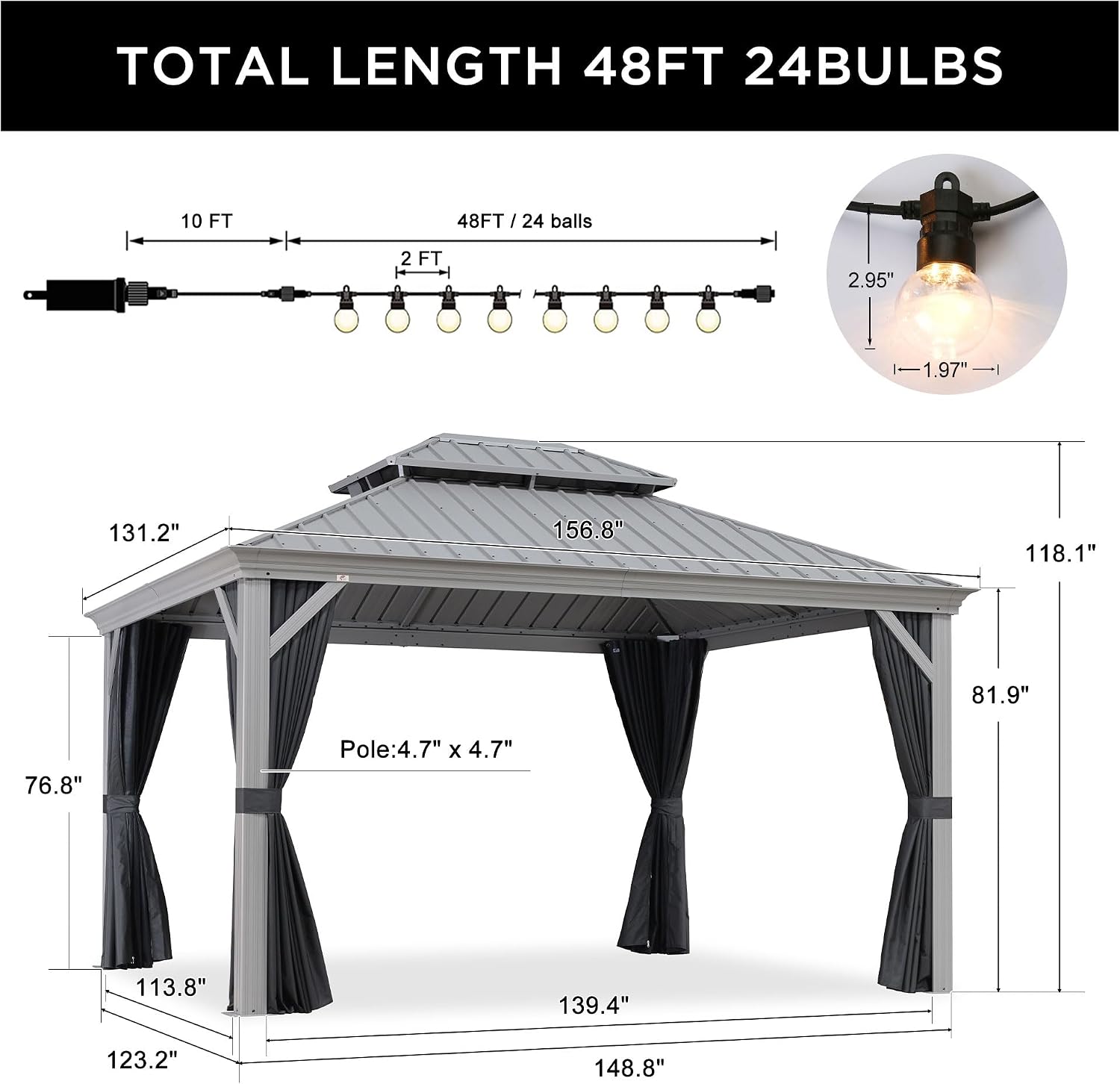 PURPLE LEAF 11' x 13' Hardtop Aluminum Gazebo with Double Metal Roof Heavy Duty All Weather Permanent Gazebo for Pool Patio Deck Lawn Garden All Weather Outdoor Pavilion Gazebos, Light Grey