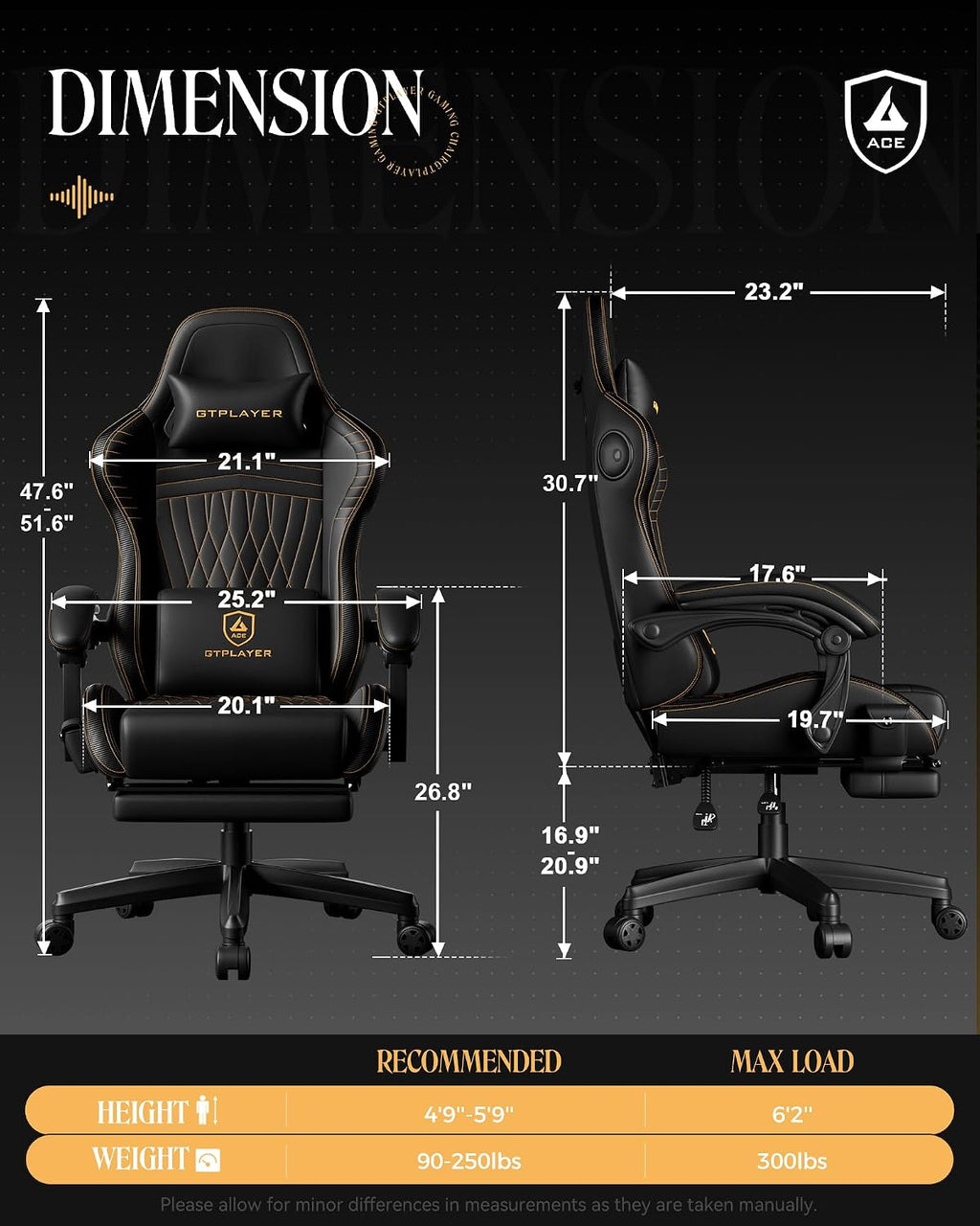 GTPLAYER Gaming Chair with Speakers, Video Game Chairs with Footrest, PC Gamer Chairs for Adults - Padded High Back Ergonomic Reclining Silla Gamer, Linkage Armrest, Ace Pro, Black & Orange Stitch