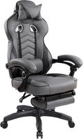 Executive Office or Gaming Chair with Footrest, Padded PU Leather Office Chair with 150-Degree Recline, Lumbar Support & Headrest Pillow, Grey