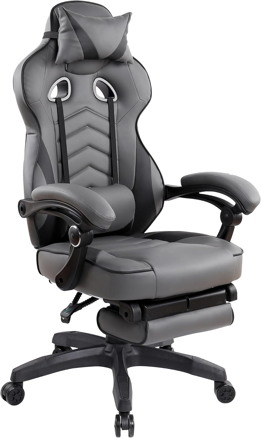 Executive Office or Gaming Chair with Footrest, Padded PU Leather Office Chair with 150-Degree Recline, Lumbar Support & Headrest Pillow, Grey