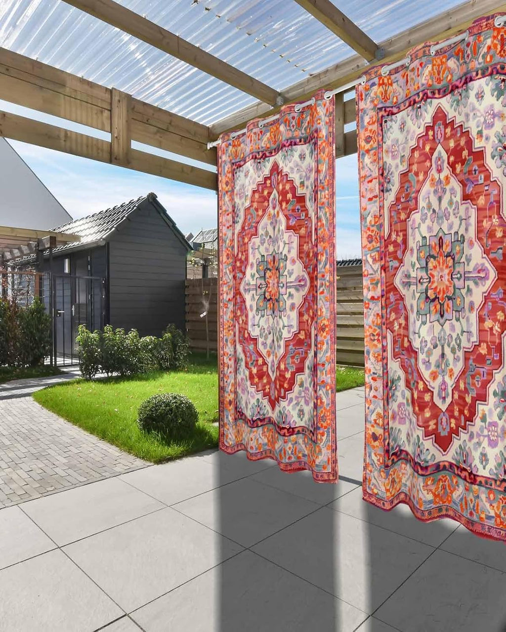 Orange Red Boho Outdoor Curtains for Patio Waterproof,Vintage Flower Tribal Distressed Printed Windproof Sun Blocking Outside Privacy Drape for Pavilion/Porch/Pergola/Garden/Cabana,2Panel,54'Wx108'L