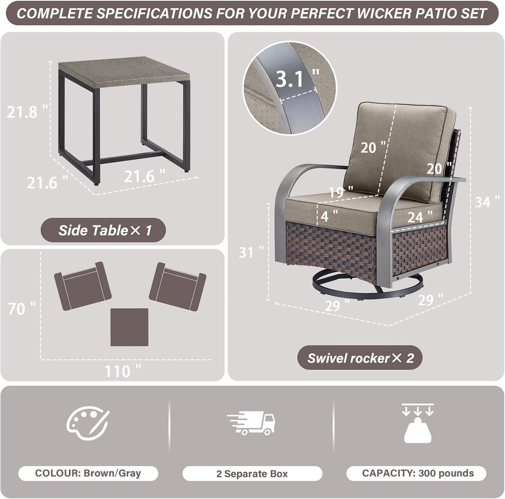 Belord Outdoor Swivel Rocker Patio Chairs Set of 2, 3 Piece Wicker Patio Bistro Set with Metals Side Table and Comfort High Back 4' Cushion Outdoor Patio Glider Chair for Balcony Deck Porch