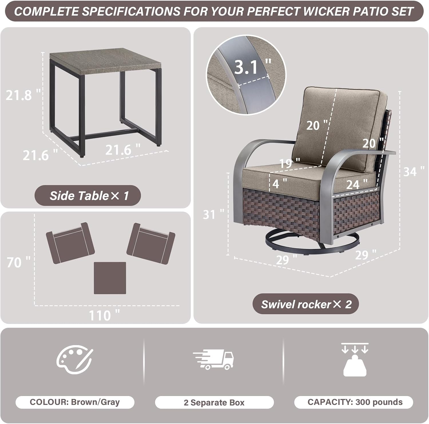 Belord Outdoor Swivel Rocker Patio Chairs Set of 2, 3 Piece Wicker Patio Bistro Set with Metals Side Table and Comfort High Back 4' Cushion Outdoor Patio Glider Chair for Balcony Deck Porch