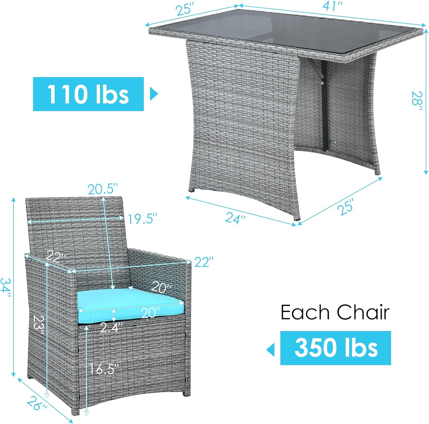 Tangkula 3 Pieces Patio Dining Set, Patiojoy Space-Saving PE Rattan Bistro Set with Tempered Glass Top Table and Cushioned Chairs, Outdoor Conversation Set for Garden, Backyard, Poolside, Porch