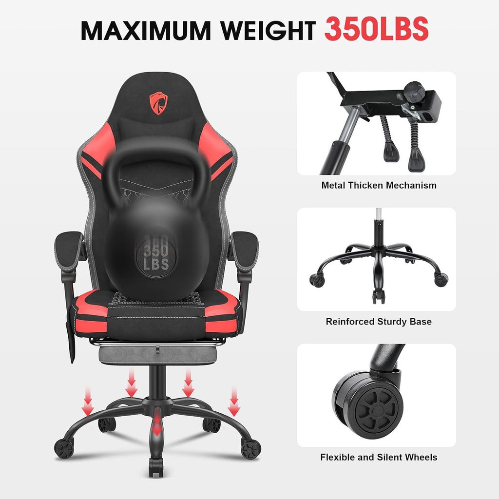 Gaming Chair, Tech Fabric Computer Chair with Massage, Office Chair with Pocket Spring Widened Cushion, High Back Ergonomic Chair with Footrest Lumbar Support Upgraded Metal Legs 350LBS (Red)