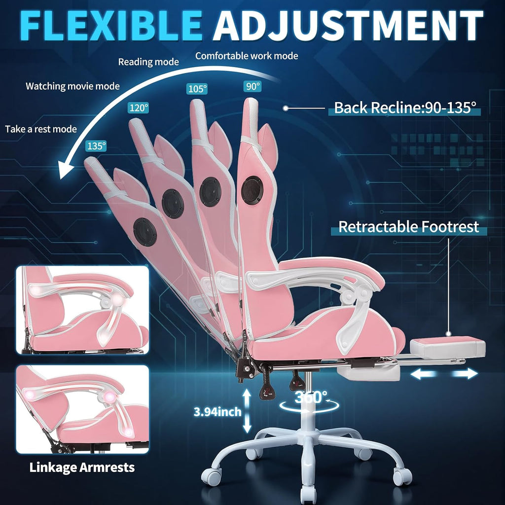 Gaming Chair Pink Massage with Bluetooth Speakers and RGB LED Lights Cute Ergonomic Computer Massage Gaming Chair with Footrest Music Video Game Chair High Back with Lumbar Support Pink and White