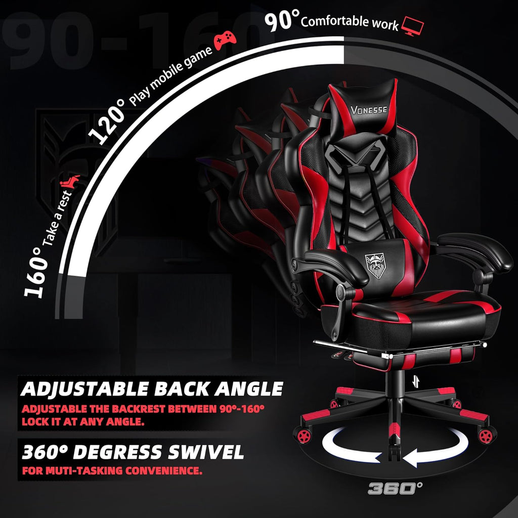 Vonesse Gaming Chair, Big and Tall Gaming Chair with Footrest and Massage, Gaming Chairs for Adults with Lumbar Support, Ergonomic High Back Computer Chair with Pocket Spring Cushion (Red/Black)