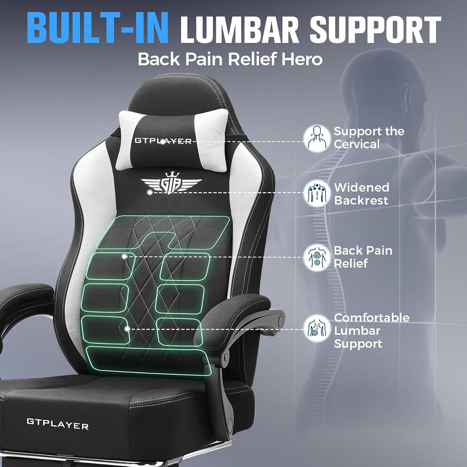 GTPLAYER Big and Tall Gaming Chair Breathable Fabric Computer Chair with Strong Lumbar Support, Comfortable Office Chairs with Pocket Spring Cushion, High Back Ergonomic Desk Chairs with Footrest