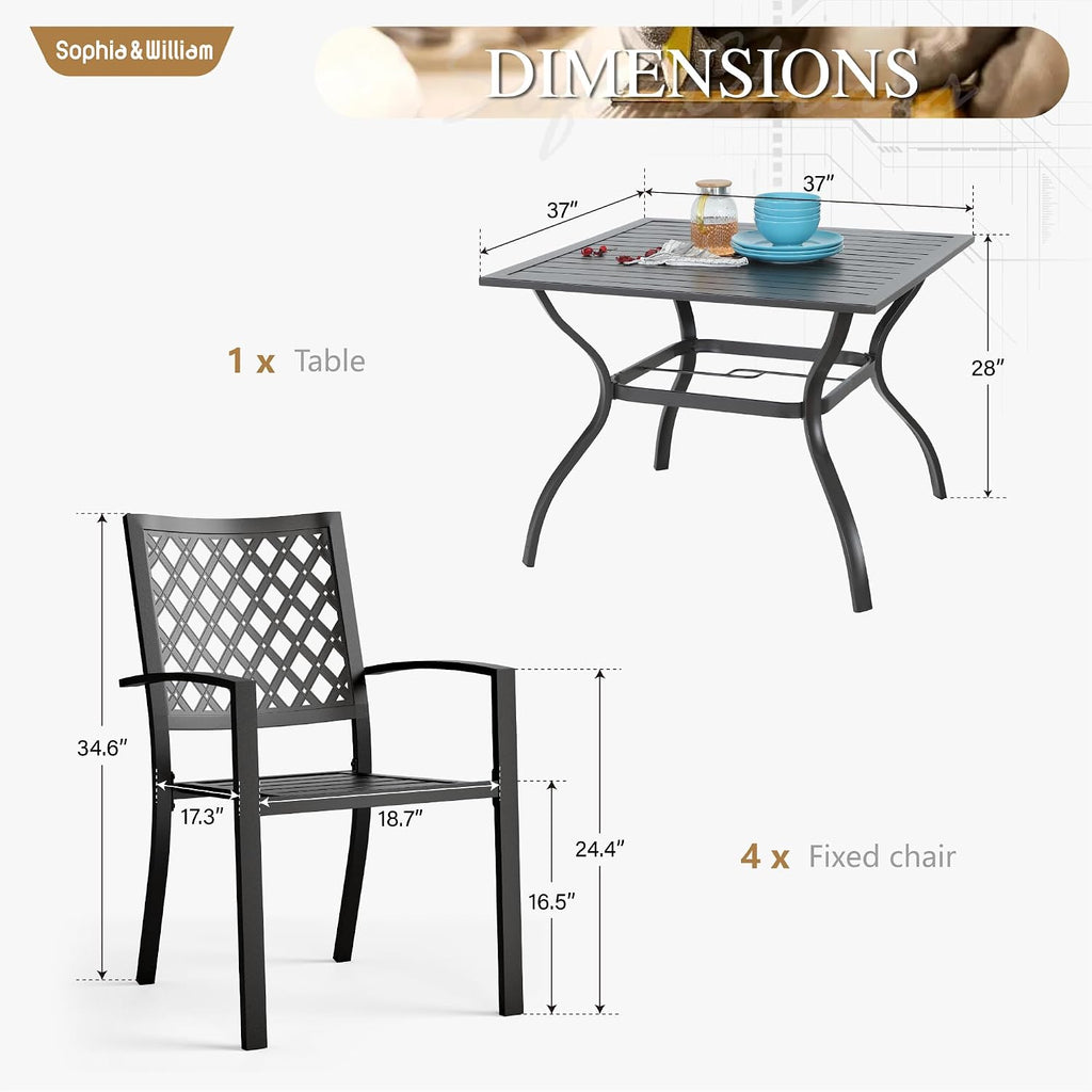 Sophia & William Patio Table and Chairs Set, Outdoor Dining Set for 4, 5 Piece Metal Patio Furniture, 37' Black Square Table(Diamond)