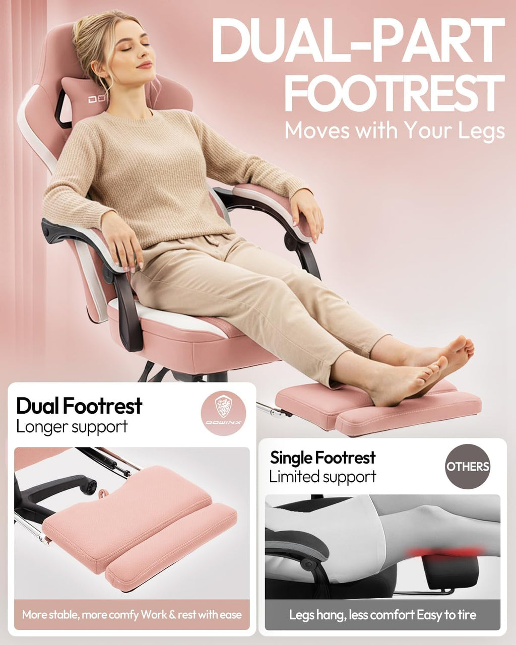 Dowinx Gaming Chair Breathable Fabric Game Chair with Gel Pad and Storage Bag, Comfortable Gamer Chair with Pocket Spring Cushion, Ergonomic Computer Chair with Footrest, Pink and White