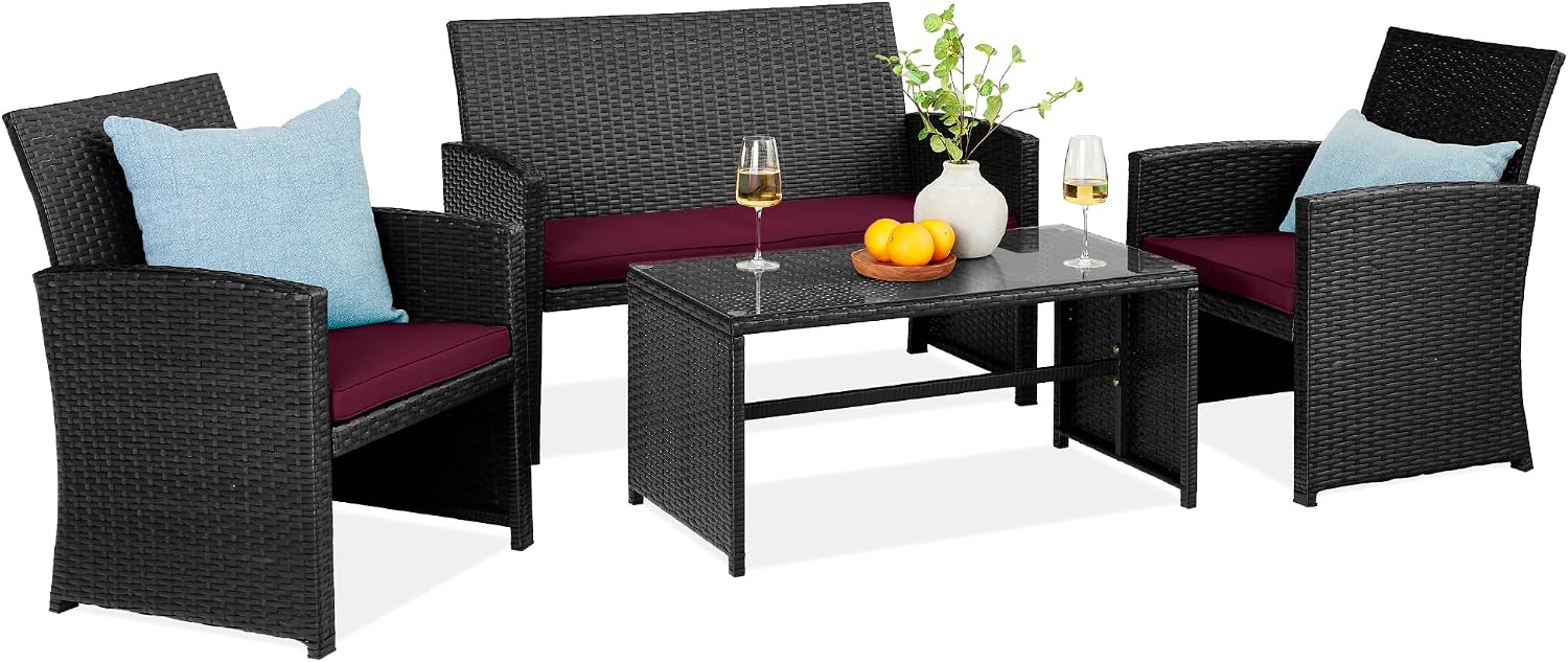 Best Choice Products 4-Piece Outdoor Wicker Patio Conversation Furniture Set for Backyard w/Coffee Table, Seat Cushions - Black/Deep Burgundy