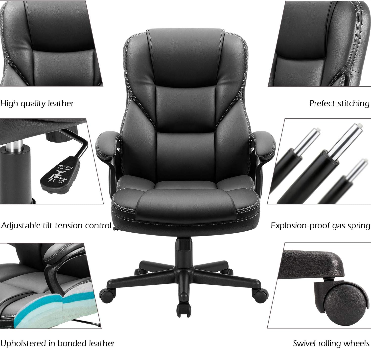 Furmax Office Executive Chair High Back Adjustable Managerial Home Desk Chair, Swivel Computer PU Leather Chair with Lumbar Support (2, Black)