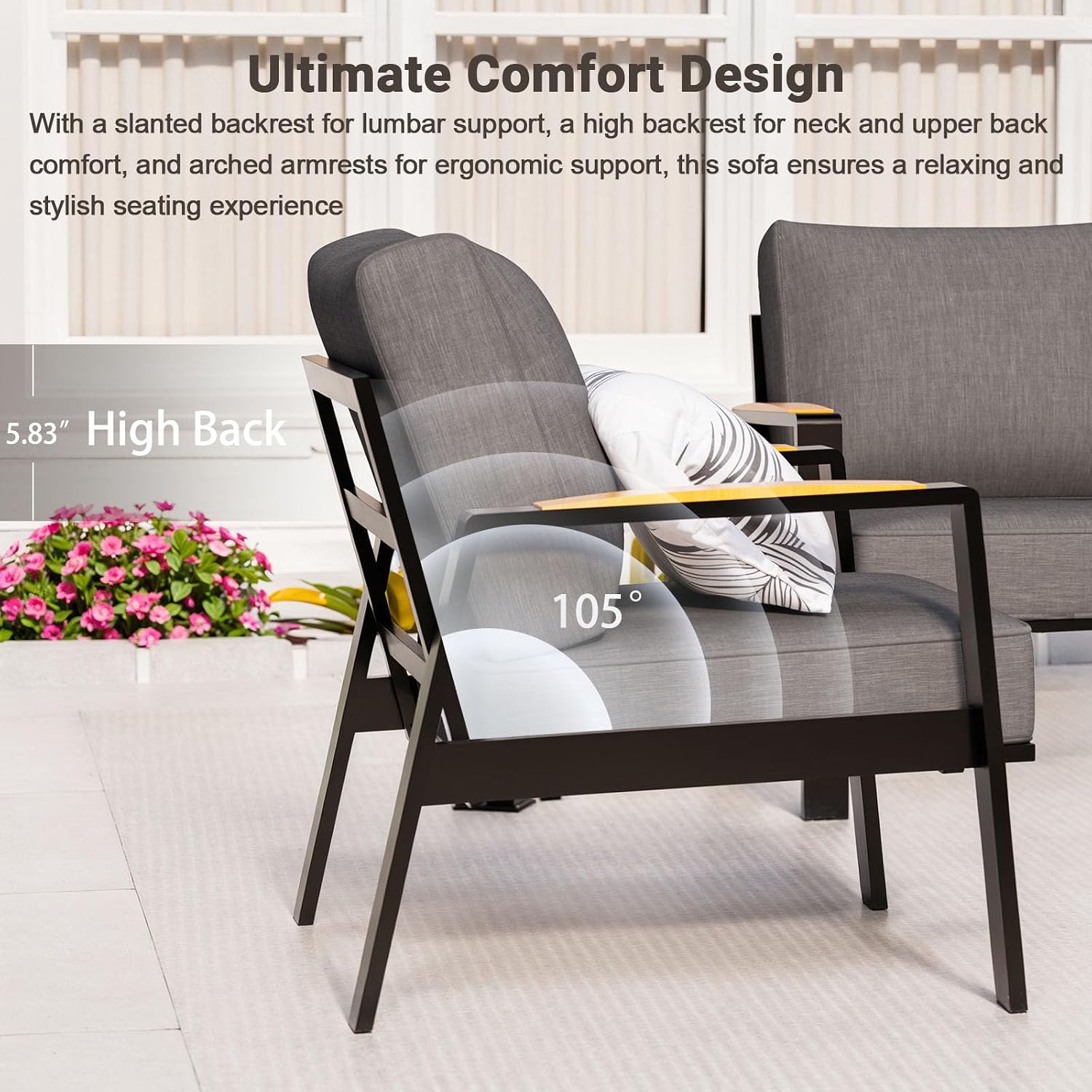 Outdoor Couch Aluminum Patio Furniture Set, All-Weather Metal 3-Seat Sofa with Solid Teak Armrest and Thick Cushions, Dark Gray