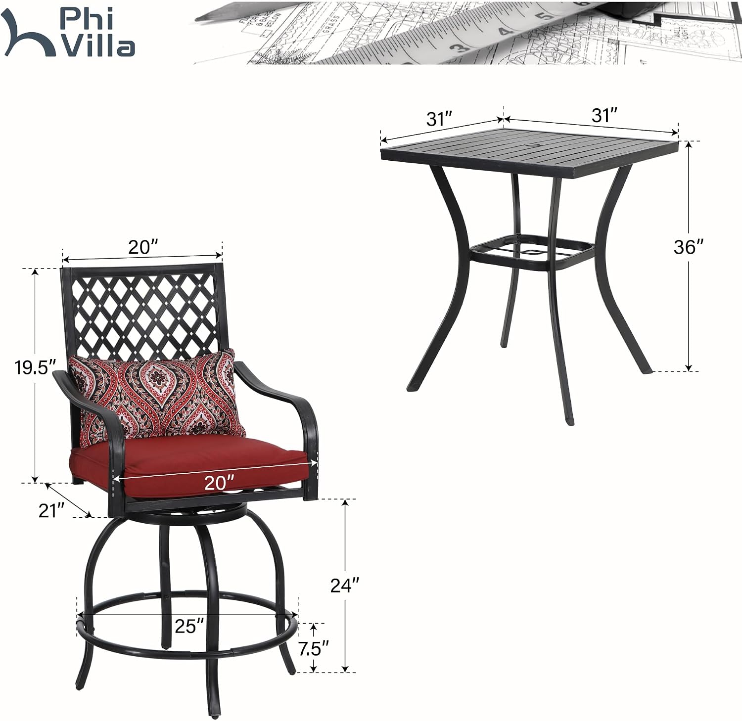 PHI VILLA 3 Piece Outdoor Bar Furniture Set, Counter-Height Patio Bistro Table & Swivel Bar Stools Chairs with Red Cushion for Garden, Backyard, Deck