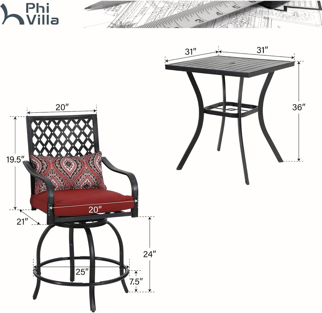 PHI VILLA 5 Piece Outdoor Bar Furniture Set, Counter-Height Patio Bistro Table & Swivel Bar Stools Chairs with Red Cushion for Garden, Backyard, Deck