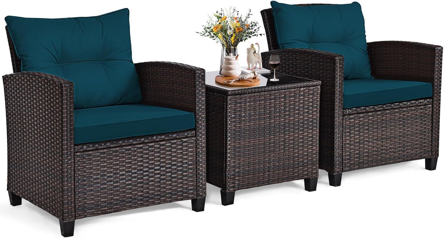ORALNER 3 Pieces Patio Furniture Set, Outdoor Wicker Conversation Set Rattan Chairs with Cushions, Glass Coffee Table, Bistro Set for Front Porch Balcony Garden Deck Poolside (Peacock Blue)