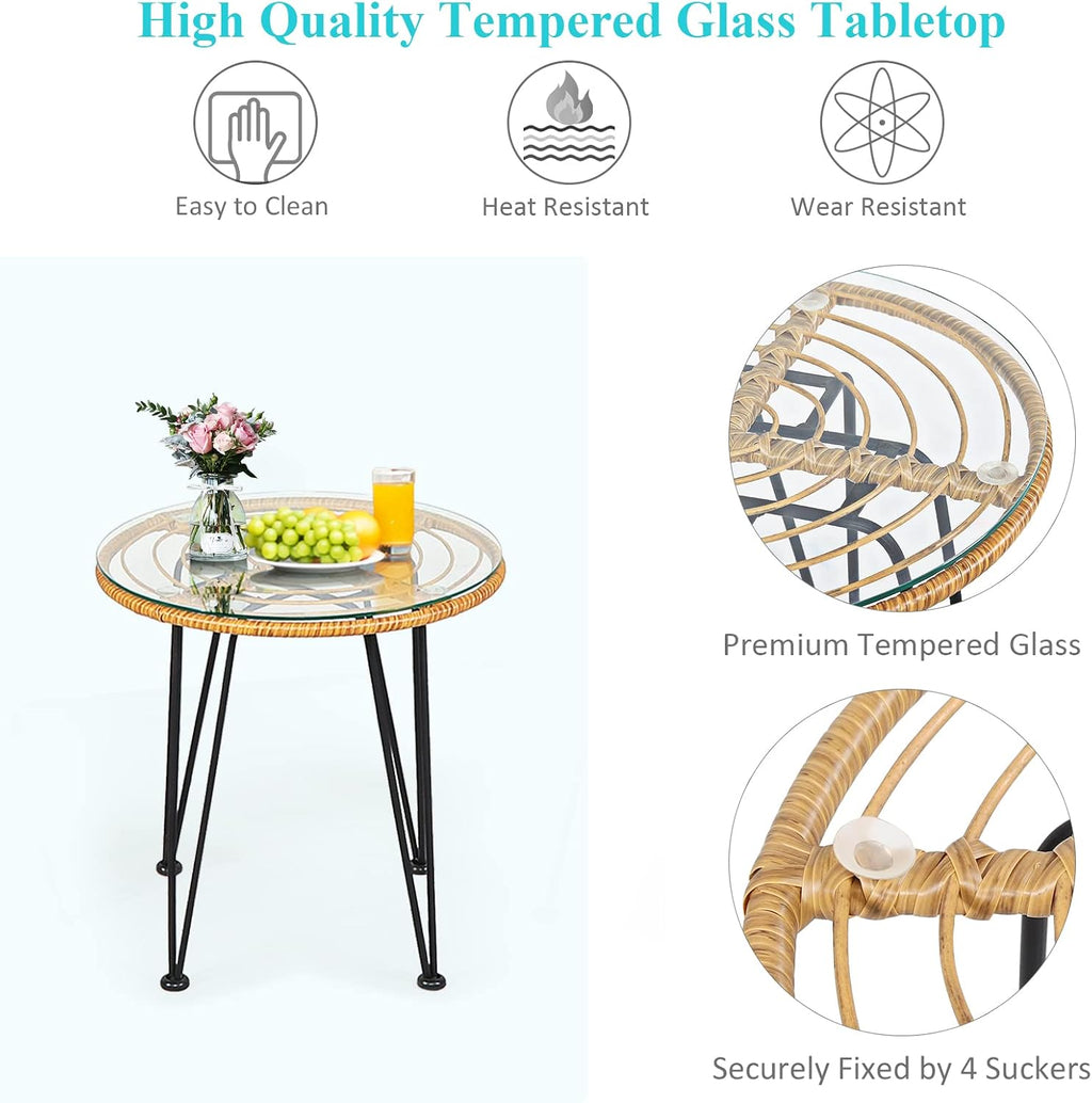 Tangkula 3 Pieces Patio Bistro Set, Rattan Conversation Set with 2 Cushioned Armchairs & Round Glass Coffee Table, Indoor Outdoor Wicker Furniture Set for Balcony, Backyard, Garden, Poolside