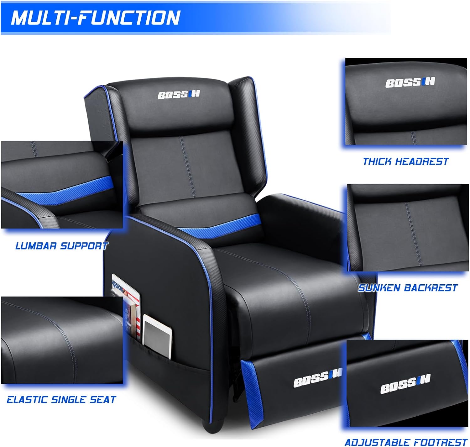 BOSSIN Gaming Recliner Chair for Adults 400lbs Racing Style Sofa Big and Tall PU Leather Recliner Seating, Modern Ergonomic Lounge Comfortable Home Movie Theater for Living Room(Blue)