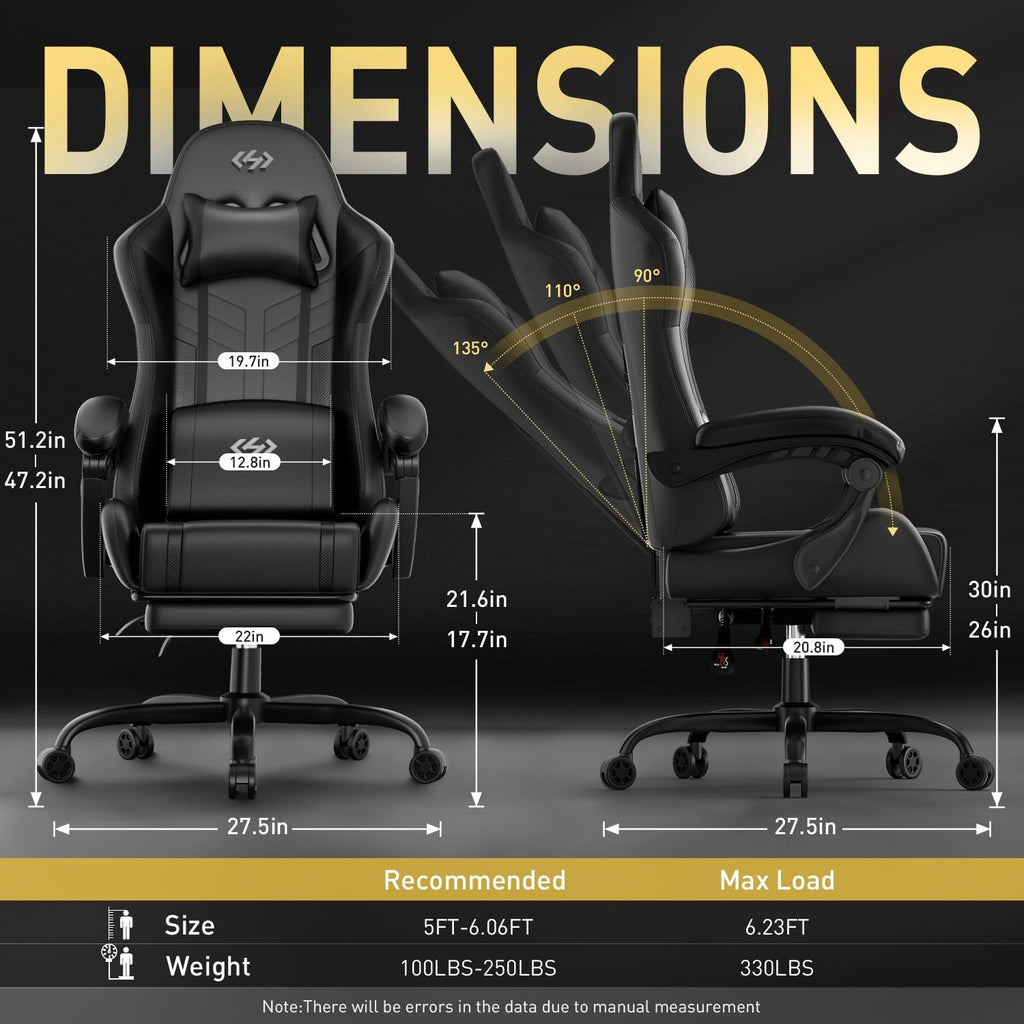 HLDIRECT Gaming Chair, Ergonomic Video Game Seat with 360° Swivel & Lumbar Massage, Computer Chair PU Leather Cushion for Adults Home/Office Use (Black)