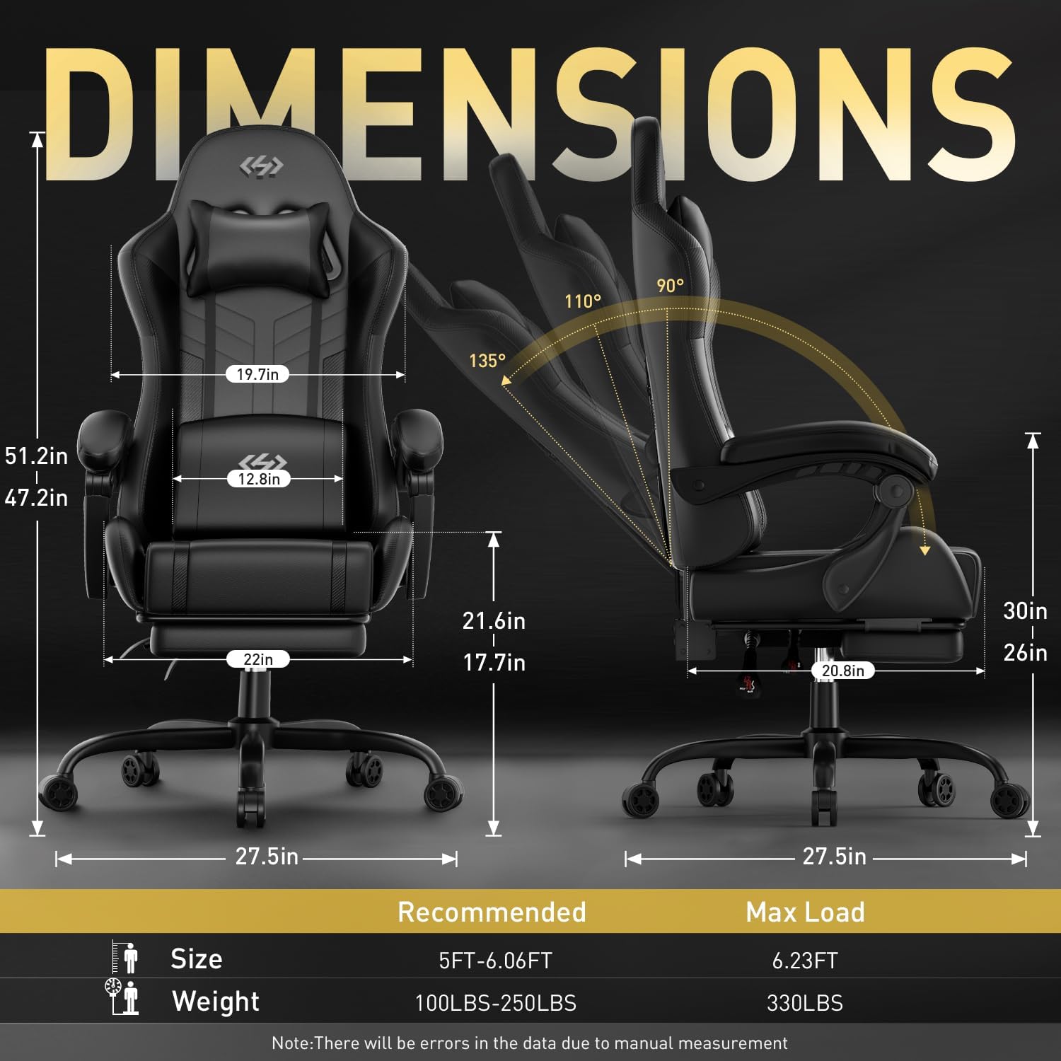 HLDIRECT Gaming Chair, Ergonomic Video Game Seat with 360° Swivel & Lumbar Massage, Computer Chair PU Leather Cushion for Adults Home/Office Use (Black)