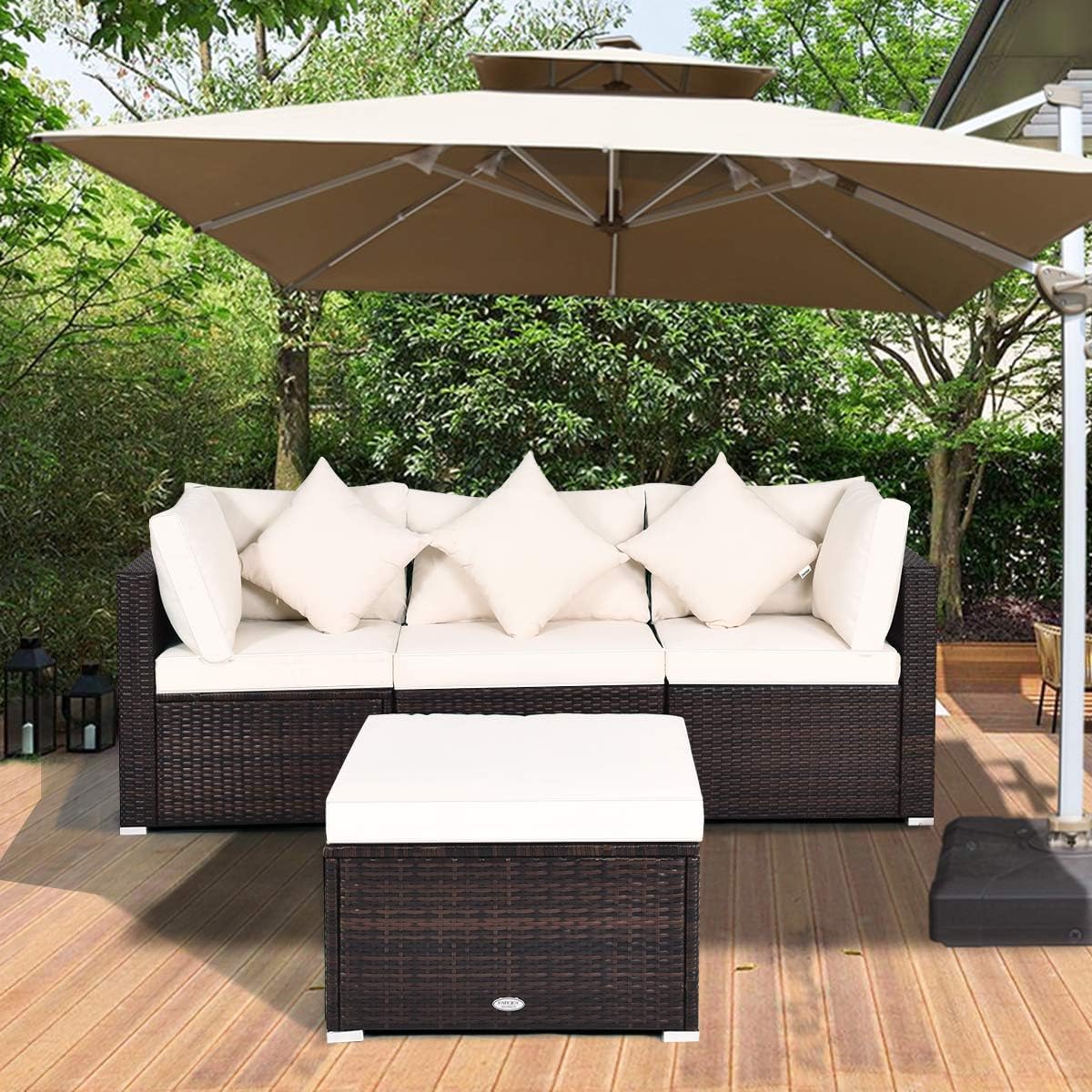 Tangkula 4 PCS Patio Rattan Sofa Set, Outdoor Wicker Sectional Furniture Set, Patio Conversation Set with Removable Cushions & Pillows for Backyard Porch Garden Poolside Balcony (White)