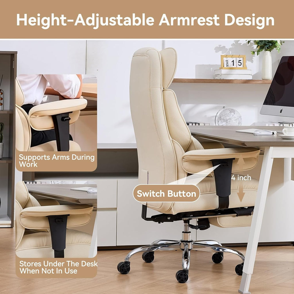 Efomao Big and Tall Office Chair with Footrest - Breathable Mesh Executive Chair, Heavy Duty Computer Desk Chair for Home Office, Ergonomic Lumbar Support & Reclining Mesh Gaming Chair, Beige
