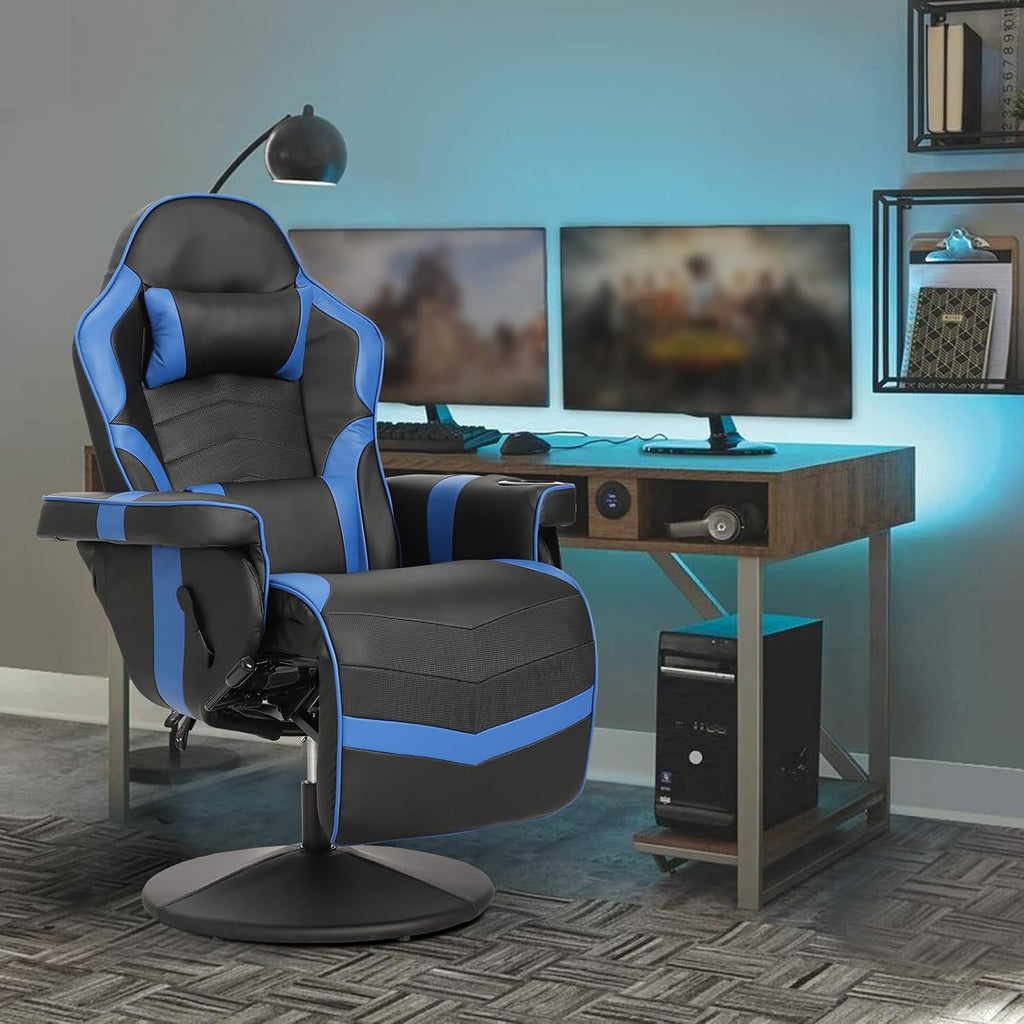 Gaming Chair, Reclining Gaming Chair with Footrest, PU Leather Game Chair Recliner with Massage, Swivel Recliner Gaming Chairs for Adults with Cup Holder, Lumbar Support, Side Pouch (Blue)