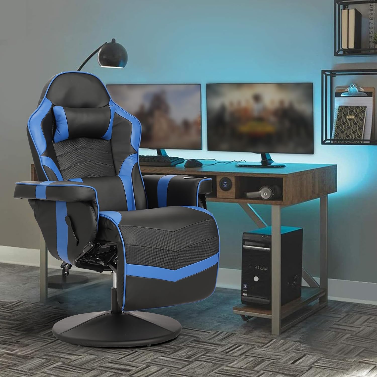 Gaming Chair, Reclining Gaming Chair with Footrest, PU Leather Game Chair Recliner with Massage, Swivel Recliner Gaming Chairs for Adults with Cup Holder, Lumbar Support, Side Pouch (Blue)