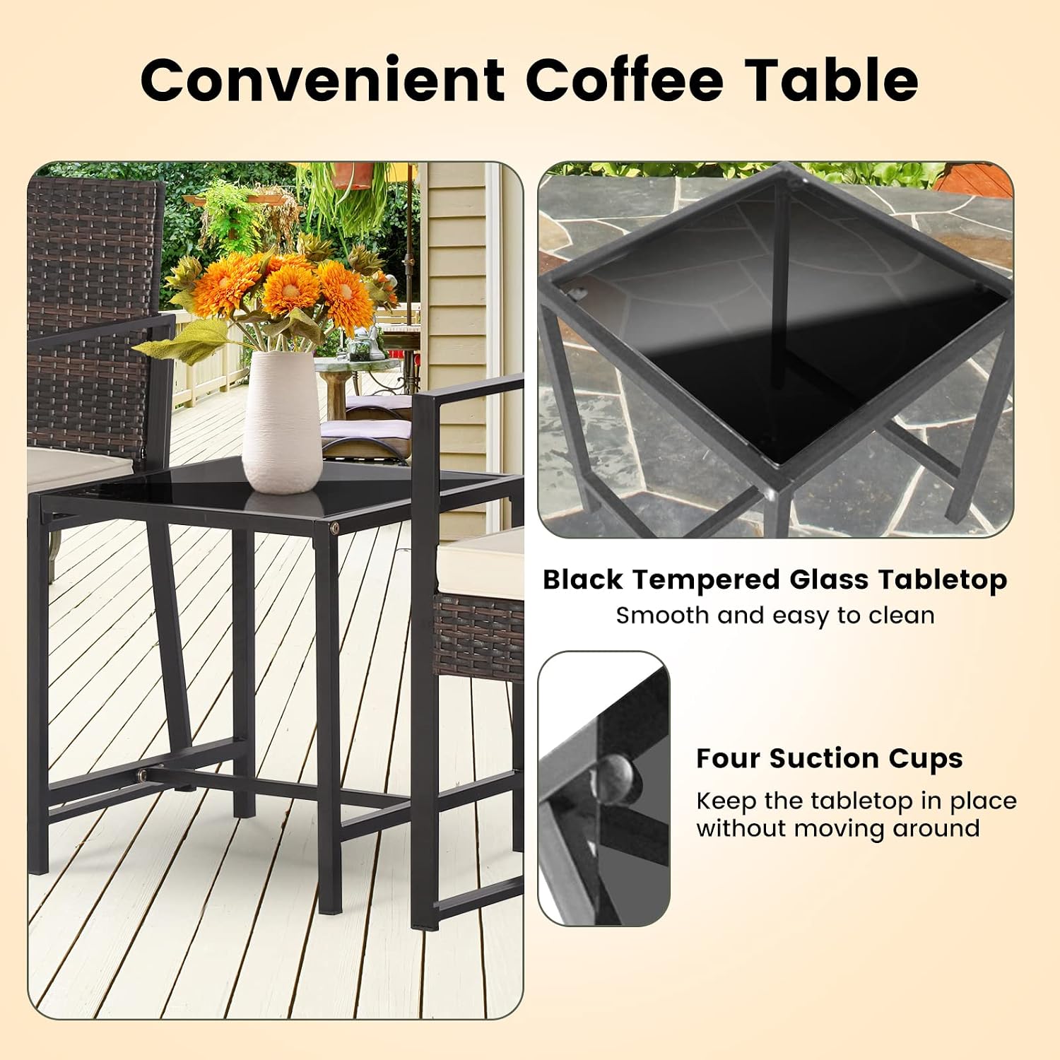 Tangkula 3 Piece Patio Furniture Set, Modern Heavy Duty All Weather Cushioned Wicker Chairs and Coffee Table Set, Suitable for Front Porch, Backyard, Garden, Poolside and Deck (Mix Brown)