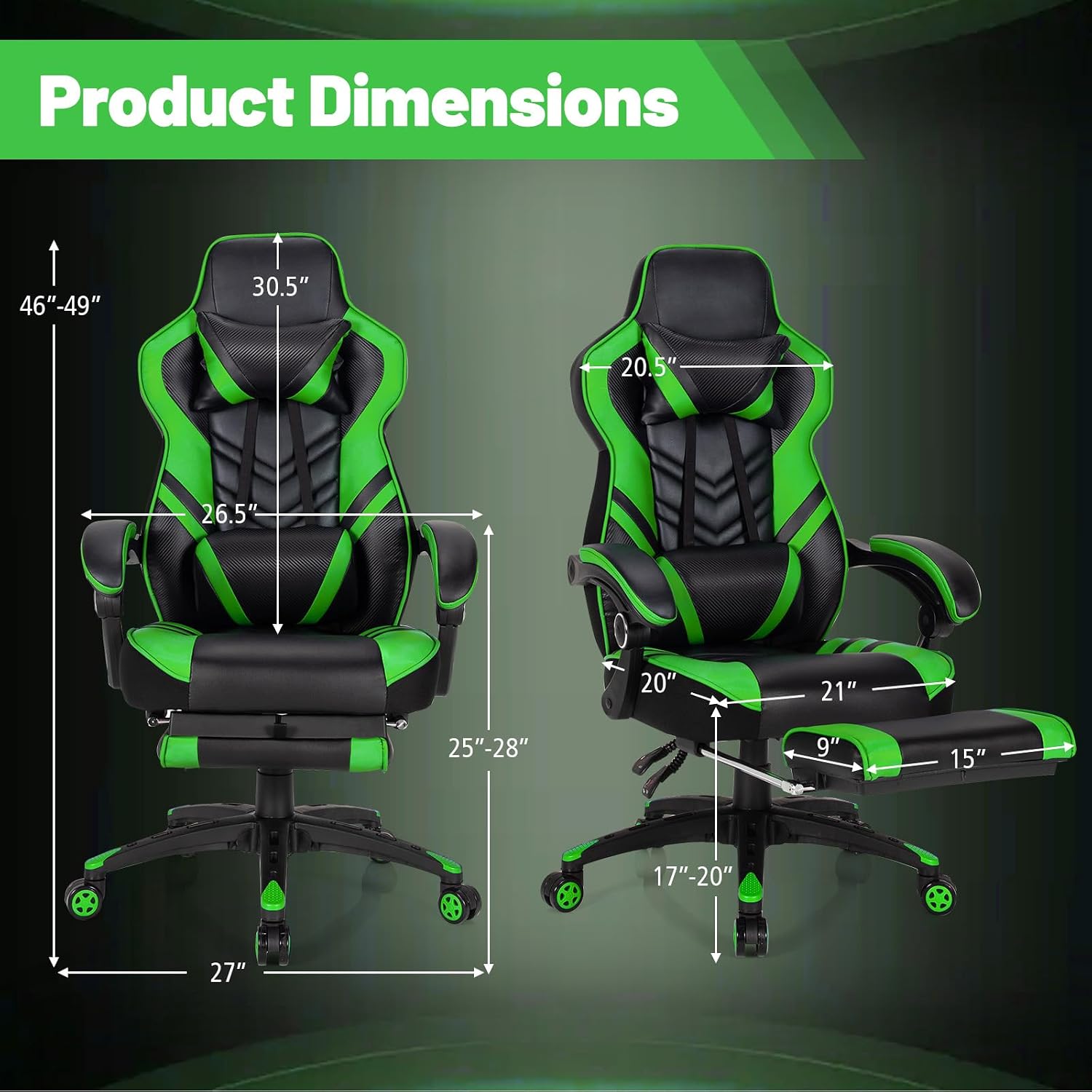 Goplus Gaming Chair, Computer Chair with Footrest and Lumbar Support, Height Adjustable Executive Swivel Rolling Task Chair with 90°-155° Tilt Function (Green)