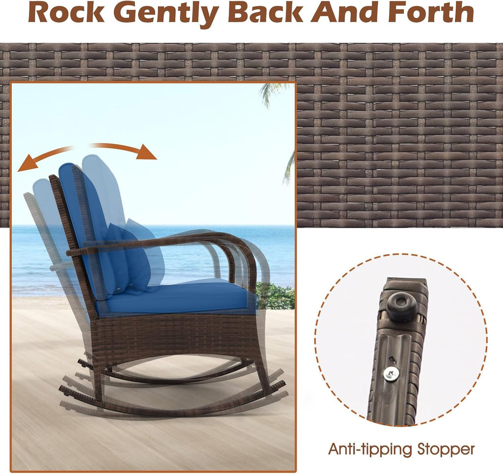 ORALNER 3 Pieces Patio Furniture Set, Outdoor Wicker Rocking Chairs with Cushions, Pillows, Glass Coffee Table, Rattan Bistro Rocker Set for Balcony Front Porch Poolside Garden Deck Yard (Navy)