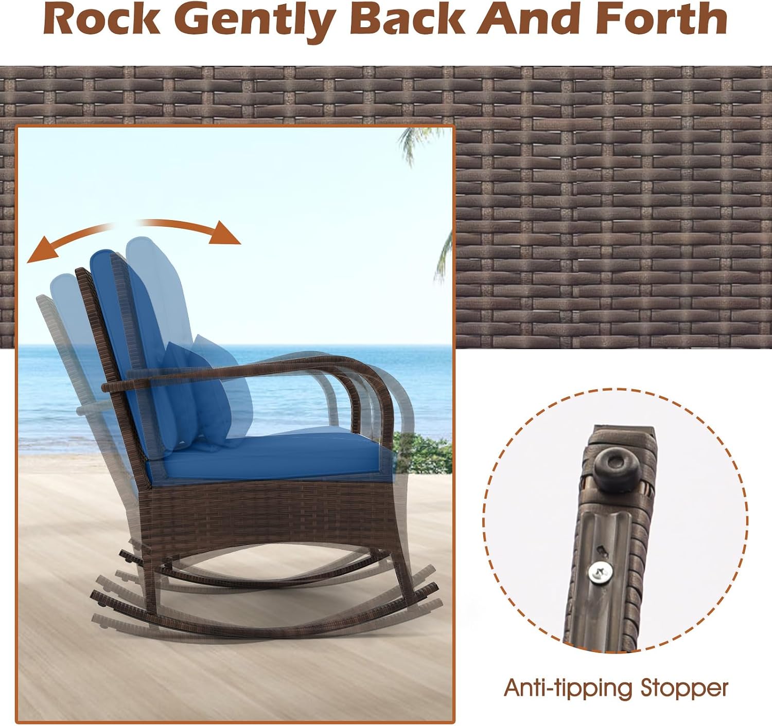 ORALNER 3 Pieces Patio Furniture Set, Outdoor Wicker Rocking Chairs with Cushions, Pillows, Glass Coffee Table, Rattan Bistro Rocker Set for Balcony Front Porch Poolside Garden Deck Yard (Navy)