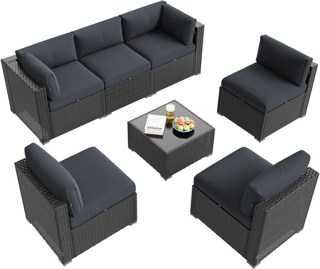 Aoxun 7 Piece Patio Furniture Set, Outdoor Sectional Sofas with Waterproof Cover, Wicker Rattan Outdoor Furniture Patio Conversation Set for Backyard, Garden Dark Grey