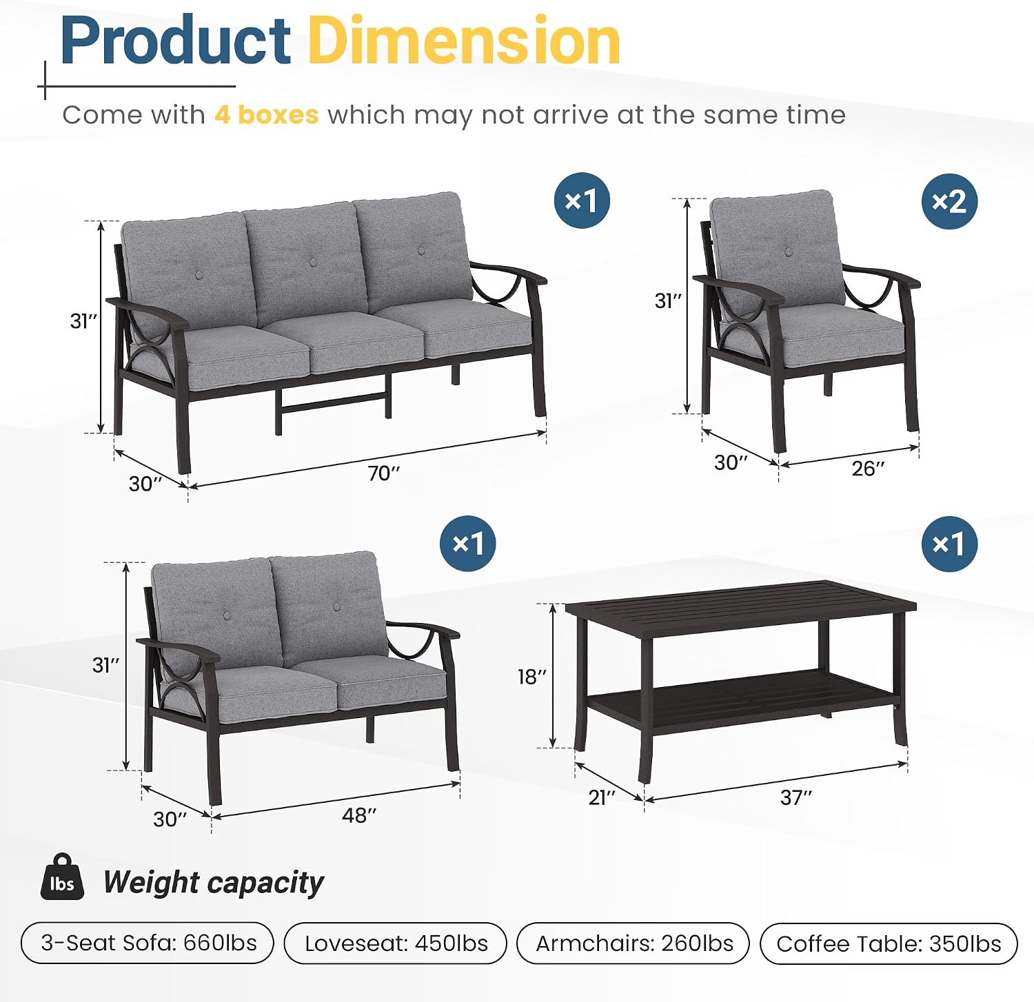 FansaFurn 5-Piece Outdoor Patio Furniture Set, Outdoor Metal Sectional Furniture with Cushions, Outdoor Conversation Seating Set with Coffee Table for Balcony, Garden, Deck, Backyard, Grey