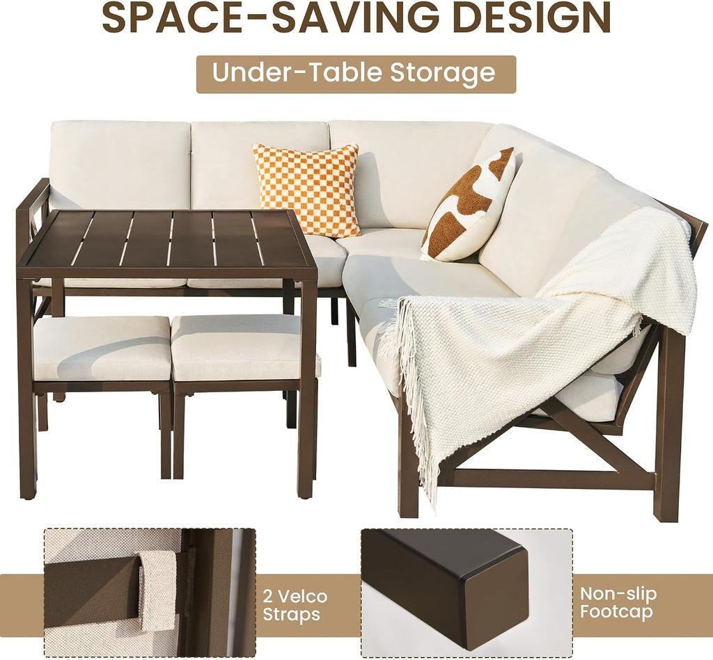 NATURAL EXPRESSIONS 8 Pieces Patio Furniture Sets,Metal Outdoor Sectional Furniture L Shape Conversation Sets with Dining Table,2 Ottomans,Highback Frame,Large Waterproof Cover, 6.5' Cushions for Yard