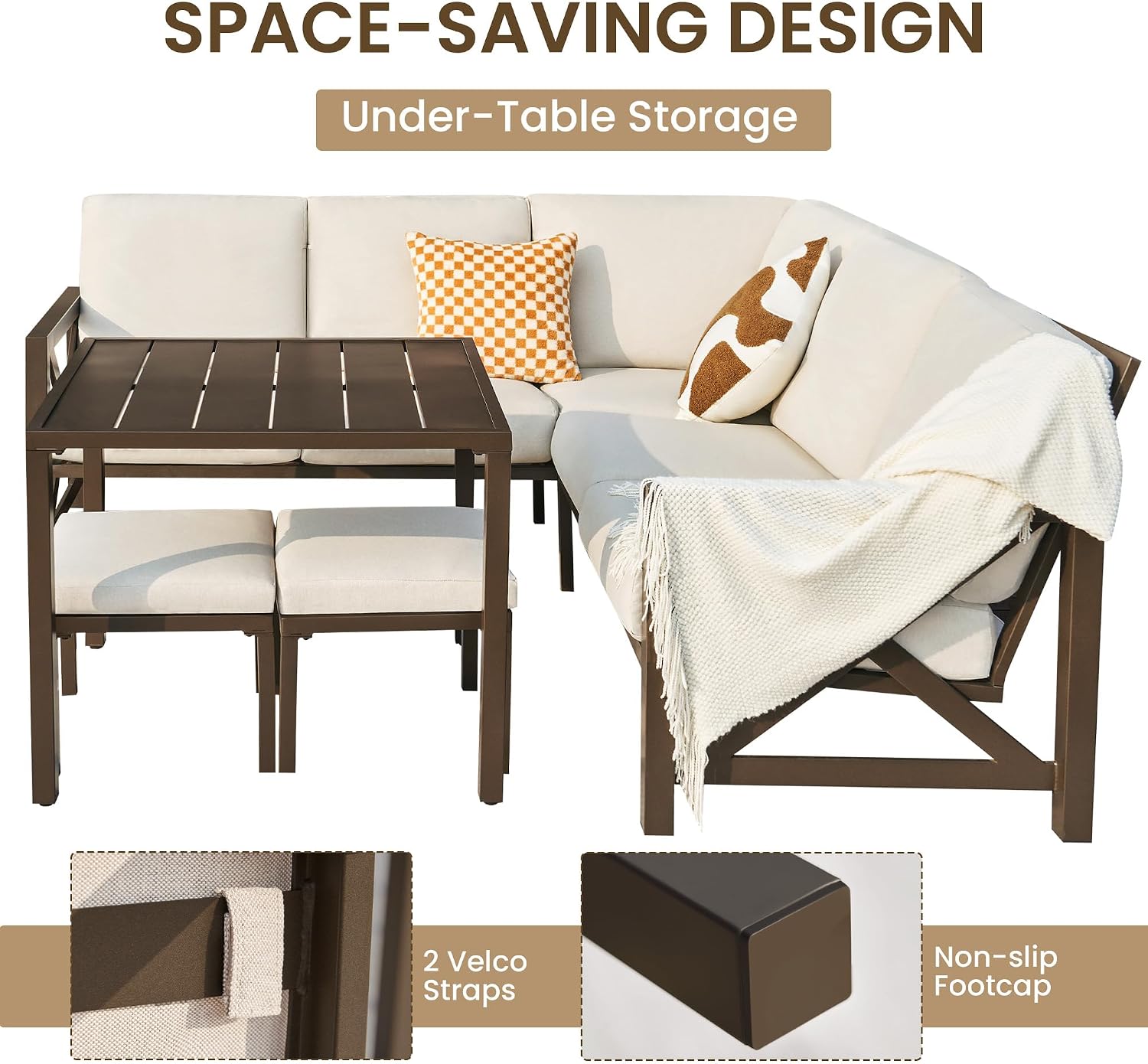 NATURAL EXPRESSIONS 8 Pieces Patio Furniture Sets,Metal Outdoor Sectional Furniture L Shape Conversation Sets with Dining Table,2 Ottomans,Highback Frame,Large Waterproof Cover, 6.5' Cushions for Yard