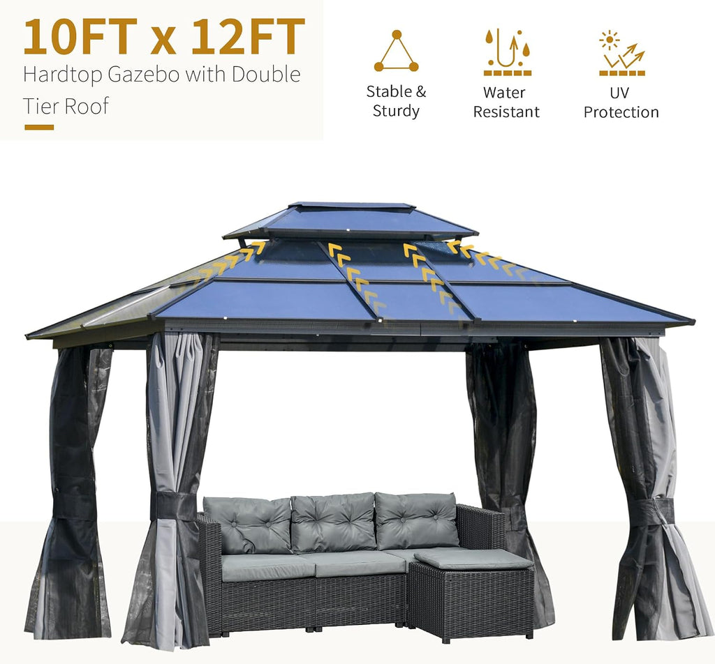 Outsunny 10' x 12' Hardtop Gazebo Canopy with Polycarbonate Roof, Aluminum Frame, Permanent Pavilion Outdoor Gazebo with Netting, for Patio, Garden, Backyard, Deck, Lawn, Light Gray