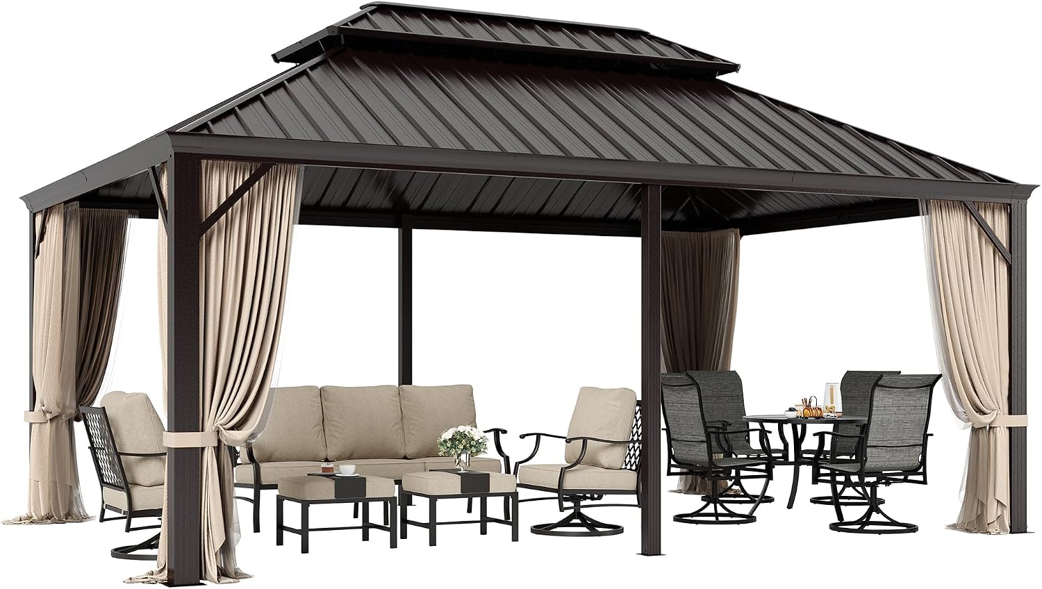 SUNSHINE VALLEY 12'x18' Hardtop Gazebo, Permanent Aluminum Outdoor Gazebo with Galvanized Steel Double Roof & Gutter System, Heavy Duty Patio Pavilion Canopy with Netting and Curtains for Deck, Garden