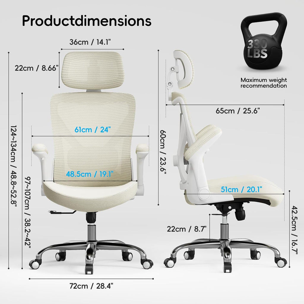 Ergalithic Office Home Ergonomic Desk Chair-Computer X-Shaped Chair Mesh PU Leather with Adjustable Lumbar Support-Executive Chair High Back with Headrest Flip-Up Arms for Long Hours (Beige)