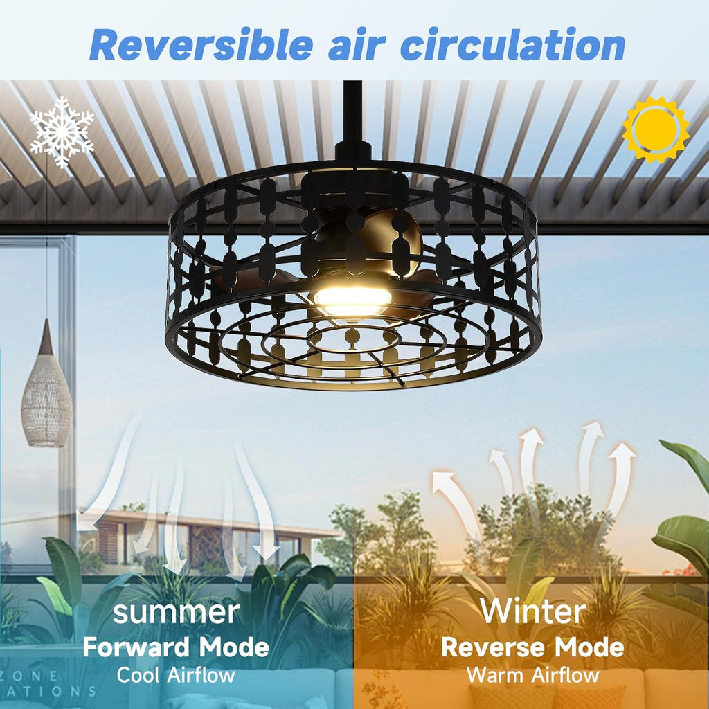 ZHENYANGL 18.9' Outdoor Ceiling Fan with Light and Remote LED Black Industrial Caged Ceiling Fan Light Fixture with Hook IP 54 Waterproof Plug in Fan Lights for Patios, Porch, Pergola, Canopy, Gazebo
