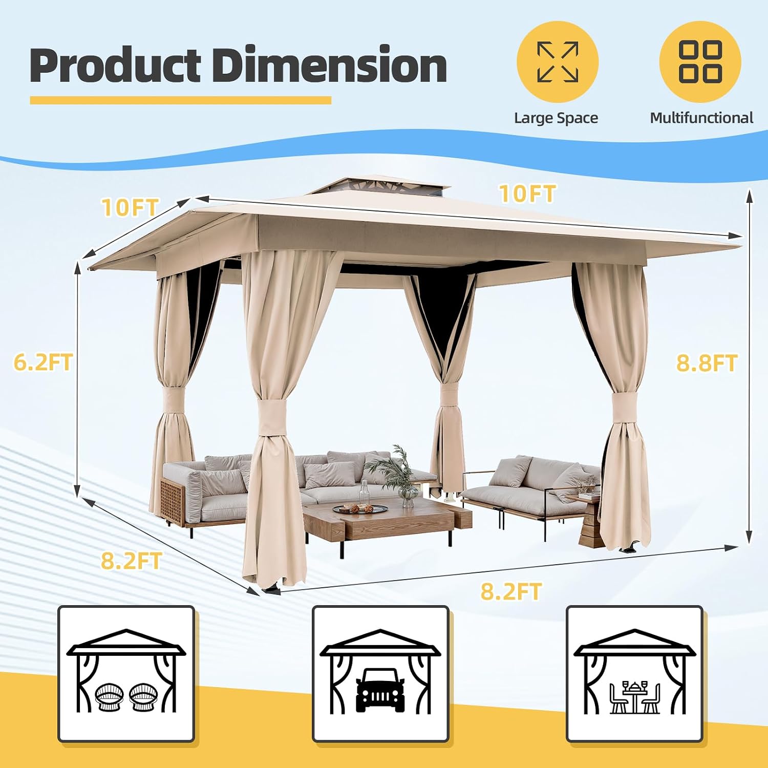 MELLCOM 10'x10' Outdoor Gazebo Kahaki for Patio, Heavy Duty Party Tent with Double Roofs, Outdoor Canopy with Curtains and Nettings for Deck, Lawn and Backyard