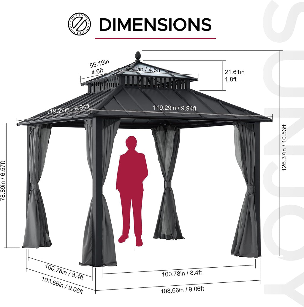 SUNJOY Kingston 10' x 10' Hardtop Gazebo with Galvanized Steel/Polycarbonate Double Roof, Curtain and Netting, Gray Aluminum Posts Permanent Pavilion Gazebo for Garden, Patio, Deck, Lawn