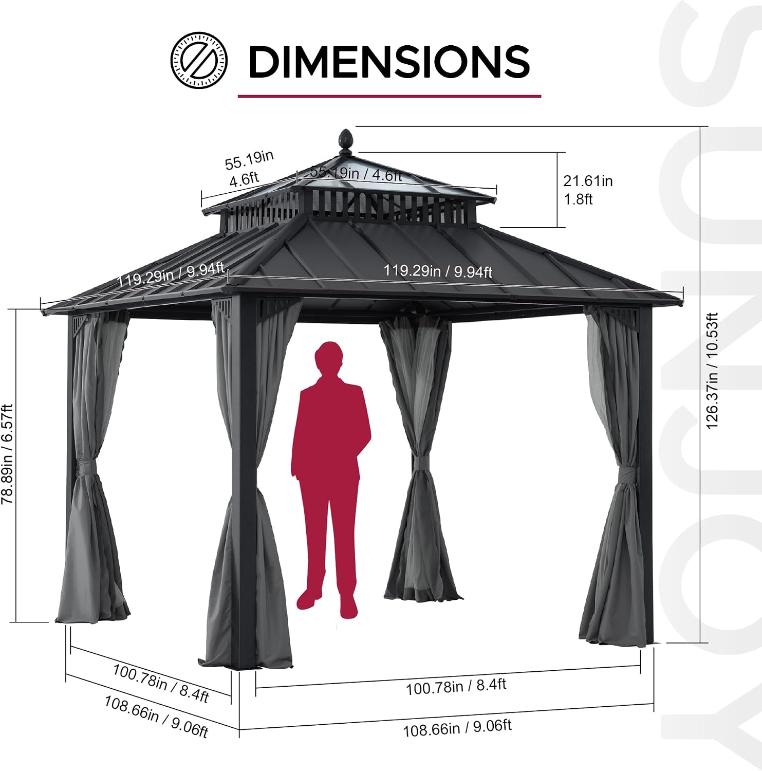SUNJOY Kingston 10' x 10' Hardtop Gazebo with Galvanized Steel/Polycarbonate Double Roof, Curtain and Netting, Gray Aluminum Posts Permanent Pavilion Gazebo for Garden, Patio, Deck, Lawn