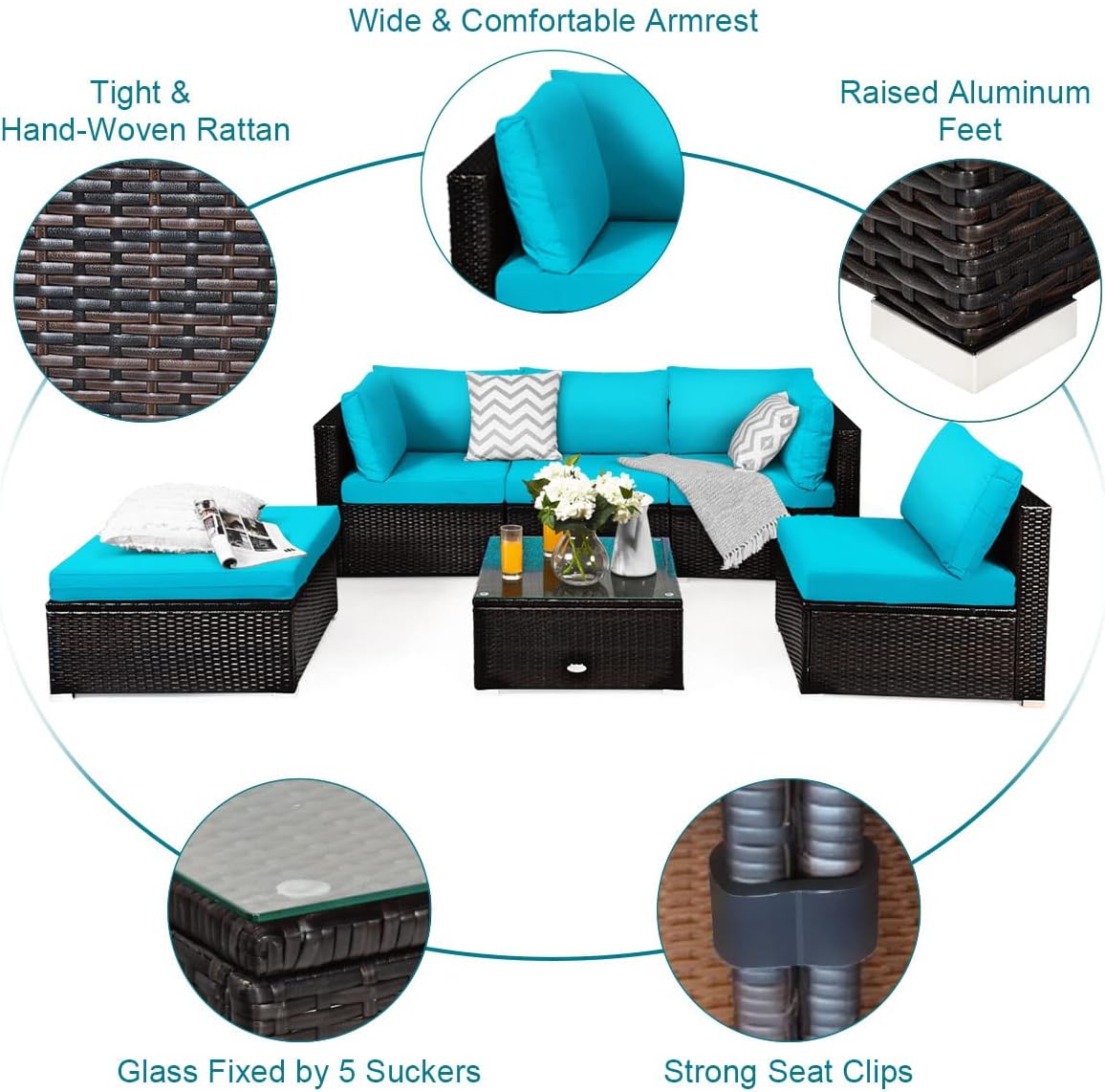 Tangkula 6 Piece Patio Furniture Set, Outdoor Deck Lawn Backyard Durable Steel Frame PE Rattan Wicker Sectional Sofa Set, Conversation Set with Coffee Table (Turquoise)