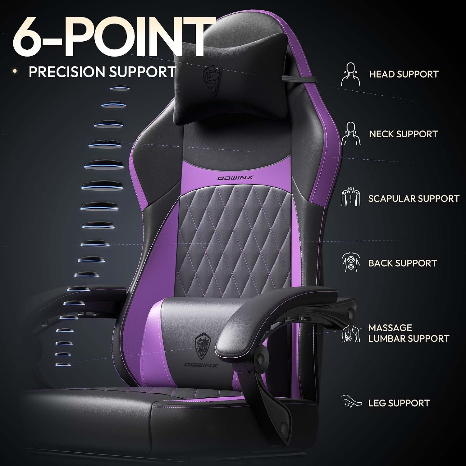 Dowinx Gaming Chair with Pocket Spring Cushion, Ergonomic Computer Chair with Massage Lumbar and Footrest for Adults, High Back Game Chair Leather for Office Gaming 300LBS, Purple New