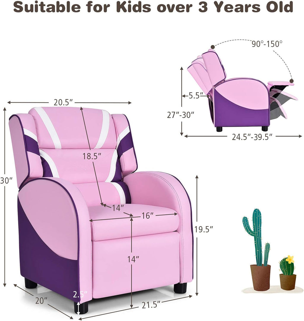 Costzon Kids Recliner, Gaming Recliner Chair w/Footrest, Headrest, Lumbar Support & Side Pockets, Ergonomic Leather Lounge Chair for Living & Gaming Room, Adjustable Recliner Sofa for Boys Girls, Pink
