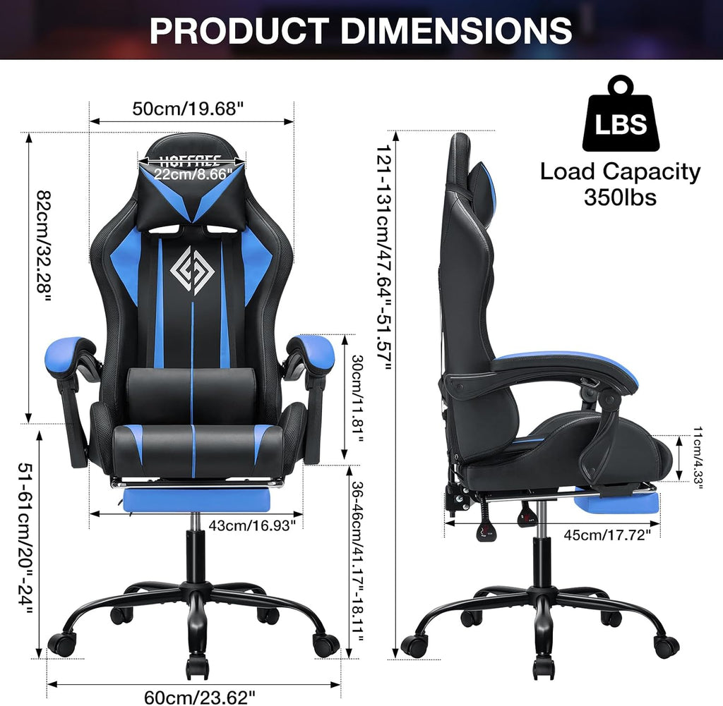 HOFFREE Gaming Chair with LED RGB Lights with Massage and Footrest Ergonomic Computer Chair High Back Video Game Chair with Adjustable Lumbar Support Linkage Armrest Blue and Black