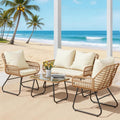 LEX CRAFT 4-Piece Outdoor Patio Furniture Set with Cushions & Tempered Glass Table, All-Weather Rattan Bistro Set with Loveseat Chairs Table Soft Cushions for Garden, Porch, Backyard (Yellow-Beige)