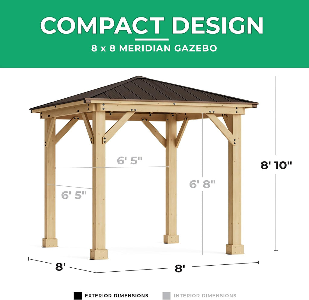 Yardistry 8 x 8 Meridian Cedar Wood Gazebo Pavilion for Patios, Decks, Garden, Backyard, Durable, Aluminum Roof